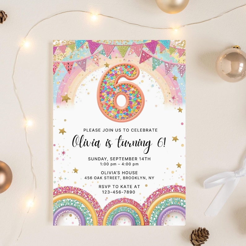 Rainbow Sequin 6th Birthday Invitation