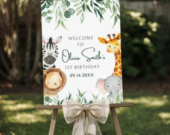 Bewerkbaar safari verjaardag welkomstbord, Wild One verjaardagsfeestje decor, jungle dieren verjaardag bord, jongen eerste verjaardag welkomstbord sjabloon