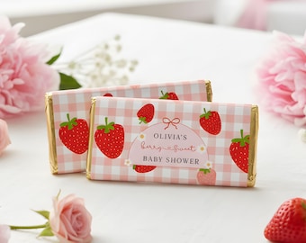 Etiquetas para barra de chocolate con temática de fresa para baby shower, recuerdos de fiesta de bayas editables, etiquetas imprimibles para baby shower con temática de fresa.