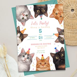 May include: A birthday party invitation with illustrations of cats wearing party hats. The invitation text reads "Let's Pauty!" and includes the date, time, and location of the event. The invitation is on a white background.