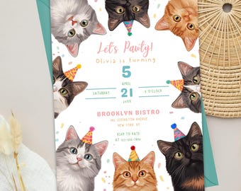May include: A birthday party invitation with illustrations of cats wearing party hats. The invitation text reads "Let's Pauty!" and includes the date, time, and location of the event. The invitation is on a white background.