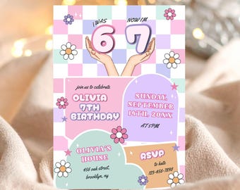 Invitation d'anniversaire de 6-7 ans, Invitation d'anniversaire de 6-7 ans pour les filles, thème rétro, modèle de toile de 5 x 7 po., invitation numérique