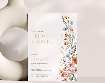 Boho Bridal Shower Invitation, Wildflower Bridal Shower Editable Invitation Template, Bohemian Invitation, Instant Download, Edit with Canva