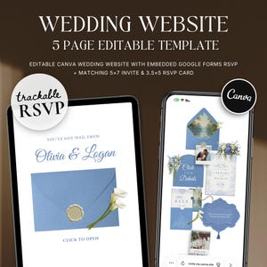 May include: A digital wedding website template displayed on a tablet and smartphone. The template includes a blue envelope design with the names "Olivia & Logan" and the text "Click to Open." The smartphone shows a blue invitation design with floral accents and the text "Click for Details."