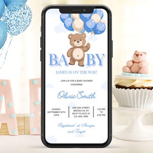 Digital Boy Baby Shower Invitation Template, Electronic Bear Baby Shower Invite, Digital Evite, Boy Baby Shower, Newborn Baby Boy, Editable