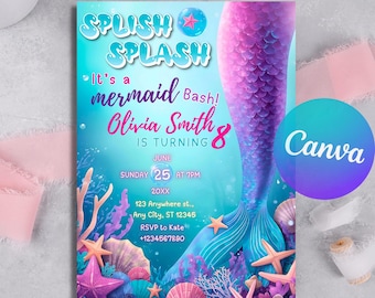 Zeemeerminstaart verjaardagsuitnodiging meisje, zeemeermin Bash Under the Sea verjaardagsuitnodiging, zeemeermin feestuitnodiging, bewerkbaar canvas