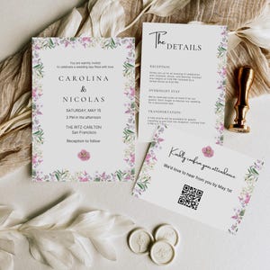Wildflower Wedding Invitation Template, Floral Invitation Set, Flower Invite Suite With QR Code, Summer Flower Wedding Invitation