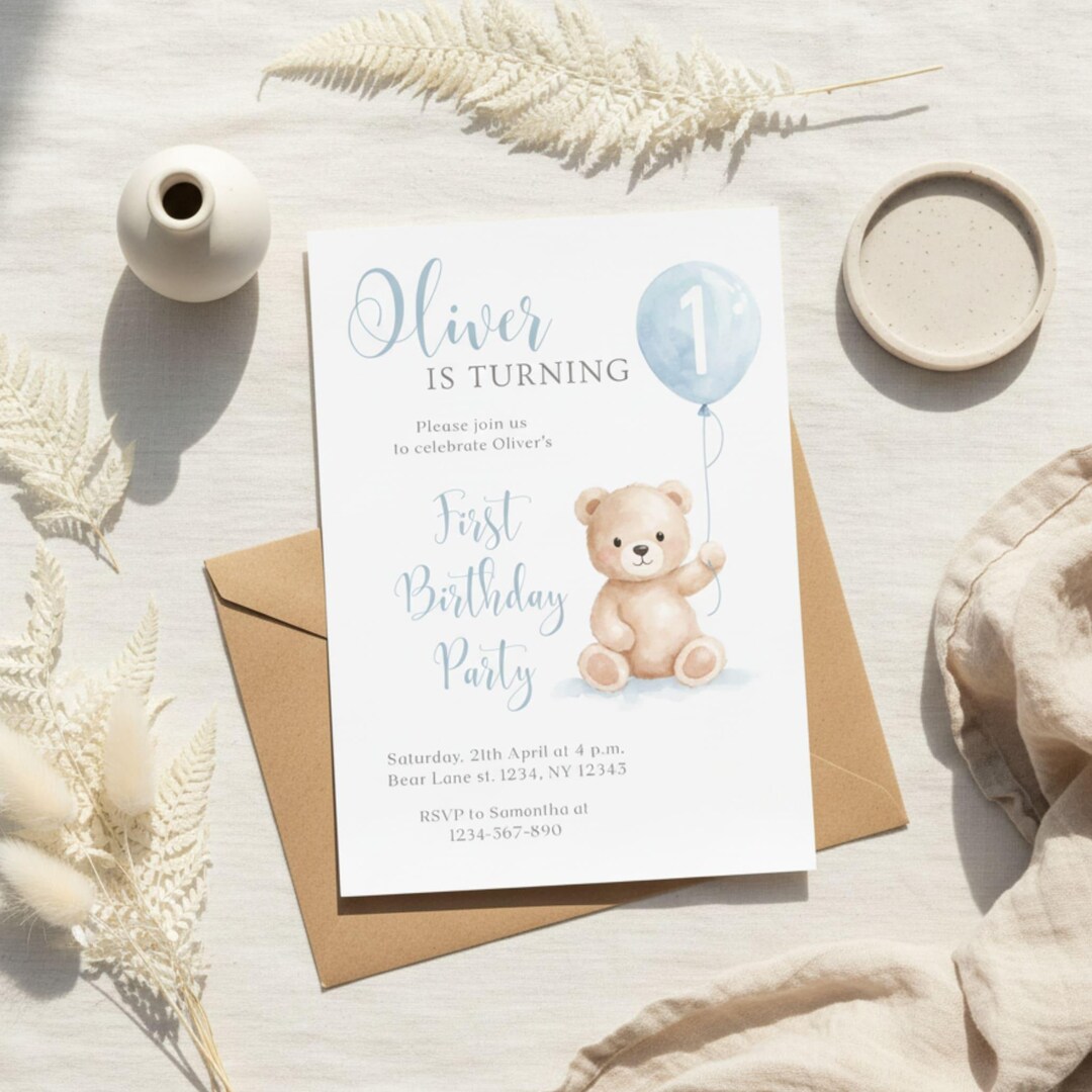 Beary First Birthday Invitation, Teddy Bear 1st Birthday Party Invite ...