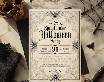 Invitación vintage de Halloween, plantilla de invitación para fiesta de Halloween, invitación para fiesta de disfraces de Halloween, editable en Canva, descarga instantánea