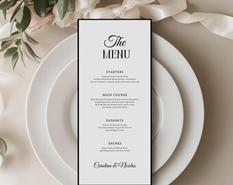 Plantilla de menú de boda con dinero antiguo, moderna y clásica, tarjeta de menú de cena imprimible, editada con CANVA