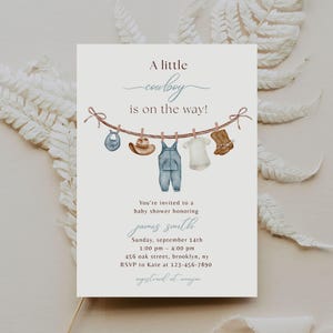Cowboy Baby Shower Invitation Template, A little Cowboy Is On The Way Invite, Cowboy Clothesline Invitation, Blue Cowboy Baby Shower Invite