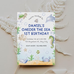 Oneder the Sea Birthday Invitation, Watercolor Sea Animals, Editable Ocean Animals, Canva Template, Ocean Birthday Invite, Instant Download