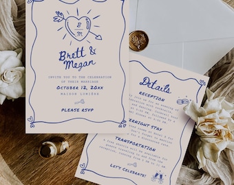 Whimsical Scribble Illustrated Wedding Invitation, Hand Drawn Printable Wedding Invitation, Artsy Wedding Invite, Editable, Canva, DIY