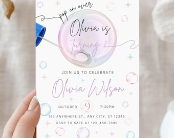 Bubble Party Birthday Invitation, Second Birthday Invitation Bubbles, 2 Year Old Girl Birthday, Digital Download Printable Template
