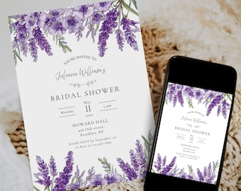 May include: A bridal shower invitation and a smartphone displaying the same design. The invitation features a floral border of purple lavender and text that reads "You're Invited to Juliana Williams Bridal Shower" with event details.