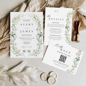 May include: Wedding stationery set with floral accents. The invitation features the names "Avery" and "James", with details and RSVP cards. The RSVP card includes a QR code. The wedding is on a Saturday.