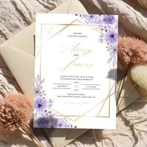 Lavender Floral Wedding Invitation Template, Printable Purple Floral Wedding Invite, Editable Wedding Invitation, Lilac Wedding Invite
