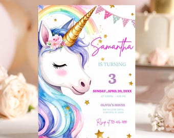 Editable Unicorn Birthday Invitation Magical Pastel Rainbow Unicorn Birthday Invite Whimsical Fairytale Unicorn Princess Canva Editable