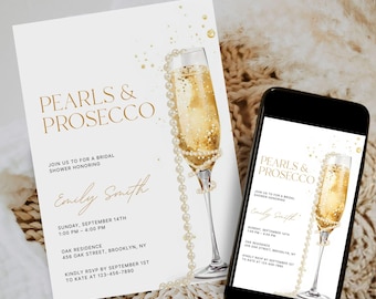 Pearls and Prosecco Bridal Shower Invitation Template, Editable Minimalist Pearl Bridal Shower Invitation, Printable Wedding Shower Brunch