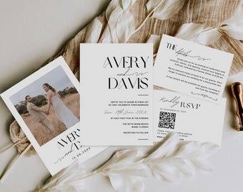 Minimalist Wedding Invitation Template Suite With Photo, Editable Modern Wedding Invite, Boho Wedding Invitation, Photo Wedding Invitation