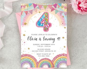 May include: A birthday party invitation with a pink envelope. The invitation features a colorful design with a large number 4, a rainbow, and the text "Olivia is turning 4!" The invitation includes the date, time, and location of the party.