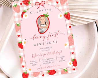 Invitación de primer cumpleaños con fresas, invitación con foto para fiesta de primer cumpleaños, plantilla editable de invitación de primer cumpleaños de niña con fresas