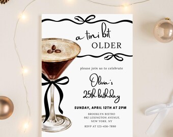 Espresso Martini-födelsedag, Tini Bit Older-födelsedagsinbjudan, elegant cocktailpartyinbjudan, elegant 25-årsfest, kokett rosett, canvasduk