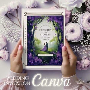 Può includere: Un invito a nozze a tema fiabesco. L'invito presenta i nomi "Carolina e Nicolas" e il testo "Si sposano". Il design include una coppia, fiori viola e le parole "Happily Ever After" e "Limited Edition".