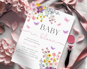 Baby in Bloom Invitation Editable Wildflower Baby Shower Invite Girl Pink Purple Butterflies Wildflower Baby Shower Invite Printable