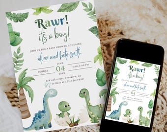 Edytowalne zaproszenie na baby shower z motywem dinozaura, szablon zaproszenia na baby shower z motywem dinozaura, baby shower z motywem dinozaura, natychmiastowe pobranie, do druku