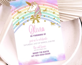 Magical Unicorn Birthday Invitation, Pastel Rainbow Party Invitation, 5x7 Editable Template, Unicorn Party, Pink Unicorn Invite for Girls