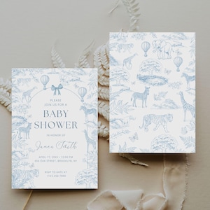 Blue Toile Safari Baby Shower Invitation, Editable Safari Animal Baby Boy Shower, Toile de Jouy Baby Shower Invite, Blue Safari, Canva