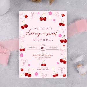 May include: A pink birthday invitation featuring a cherry design. The invitation includes the text "Olivia's cherry & sweet birthday" and event details. Red cherries, pink flowers, and bows decorate the invitation.