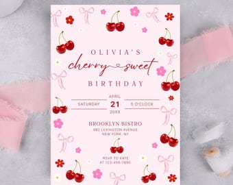 May include: A pink birthday invitation with a cherry theme. The invitation includes the text "Olivia's cherry & sweet birthday" and event details. Red cherries, pink flowers, and bows decorate the invitation.