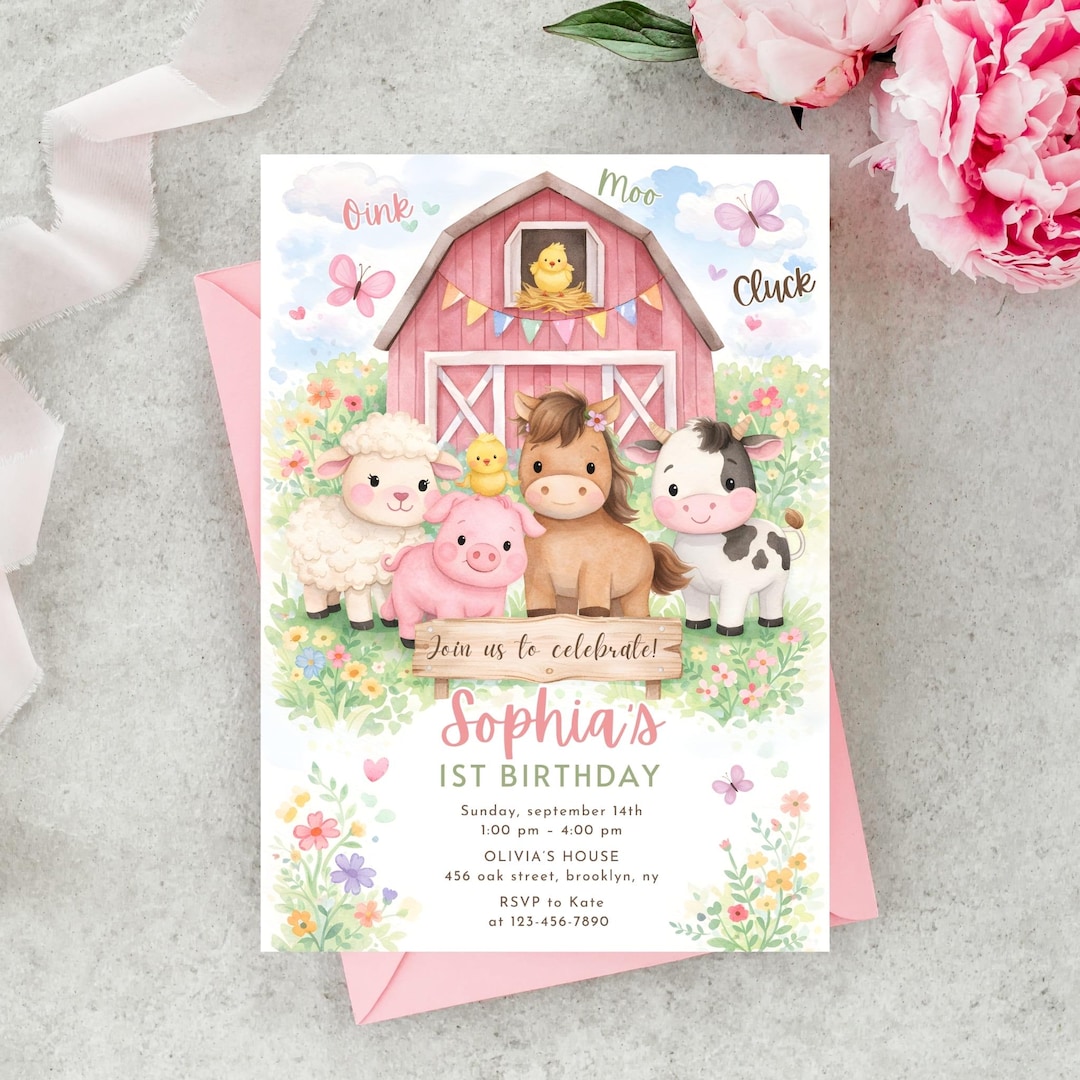 Editable Pink Farm Birthday Invite, Farm Animals Birthday Invitation ...