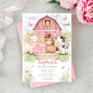 May include: A pink farm-themed birthday invitation with a barn, farm animals, and floral accents. The invitation reads "Sophia's 1st Birthday" with event details. A pink envelope and flowers are in the background.