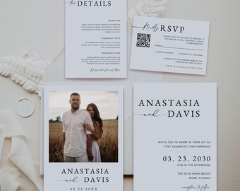 Minimalist Wedding Invitation Template, Modern Photo Wedding Invitation Set, Boho Wedding Invite, Editable Template, Simple Wedding Invite