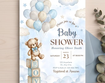 May include: A baby shower invitation featuring a watercolour teddy bear with a blue bow sitting on blocks spelling BOY, holding a bunch of blue and beige balloons. The background shows clouds and stars with text: Please join us for a Baby SHOWER Honoring Oliver Smith SATURDAY MARCH 23 AT 06:00 PM 123 Anywhere St., Any City RSVP to Kate at +123-456-7890 Registered at Amazon.