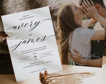 Könnte beinhalten: Hochzeitseinladung mit den Namen "Avery" und "James" in eleganter Schrift. Die Einladung enthält Datum, Uhrzeit und Ort sowie ein Foto eines Paares. Der Text lautet "Gemeinsam mit ihren Familien."