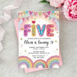 編集可能なレインボースパンコールの5歳の誕生日招待状：印刷可能なCanvaテンプレート（PDFファイル）