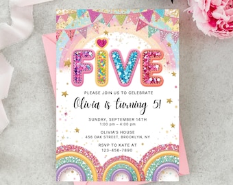 Editable Rainbow Sequin 5th Birthday Invitation: Printable Canva Template (PDF File)