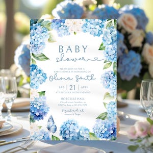 Blue Hydrangea Baby Shower Invitation Template Editable Boy Blue Baby Shower Invitation Flowers Blooms Blue White Baby Shower Invite