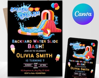 Waterslide Birthday Invitation Boy or Girl, Splash Party Invite, Editable Water Slide Invitation, Water Slide Bash, Printable Invite