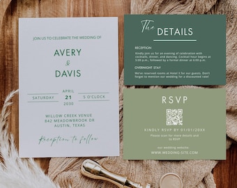 Sage Green Wedding Invitation Suite, Green Wedding Invite Set, Editable Qr Code, Editable In Canva, Instant Download, Minimalist Invite