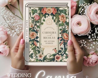 Canva Book Cover Wedding Invitation, Art Nouveau Wedding Invite, Book Wedding Invitation Template, Printable, Editable, Instant Download