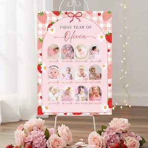Könnte beinhalten: Eine rosa-weiße monatliche Meilenstein-Fotoanzeige mit dem Text "First Year of Olivia". Die Anzeige zeigt ein Erdbeer- und Vichy-Muster mit Fotos eines kleinen Mädchens von einem bis zwölf Monaten.