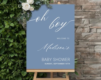 Tabliczka powitalna na baby shower "Oh Boy", plakat powitalny na baby shower "Boho Boy", niebieska tabliczka powitalna na baby shower, edytowalne pliki do pobrania