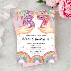 May include: A birthday invitation in pink and white, featuring the text "Olivia is turning 7!" and event details. The design includes rainbow arches, gold stars, and the numbers "6" and "7" held by illustrated hands.