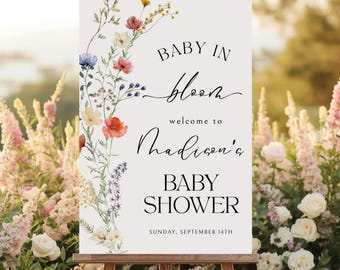 Editable Baby In Bloom Welcome Sign: Floral Baby Shower Welcome Poster, Canva