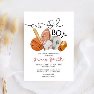 Sports Baby Shower Invite, It's A Boy Baby Shower Invitation, Oh Boy Sports Shower Invite, Oh Boy Modern Baby Shower Editable Digital